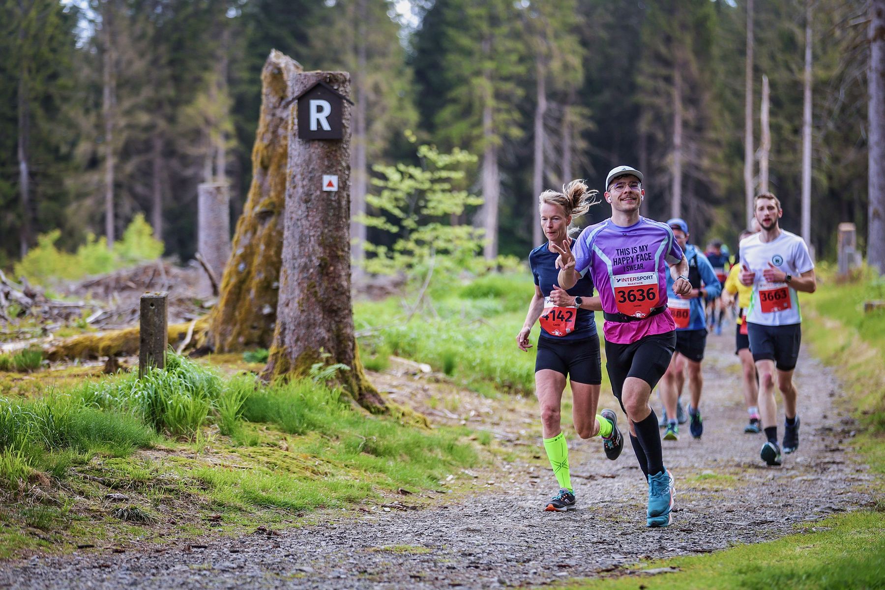 Läufergruppe auf einem Waldpfad beim Rennsteiglauf